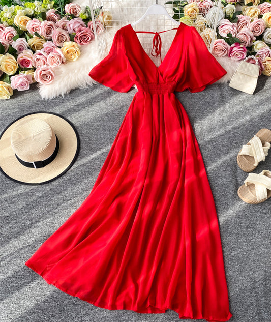 Red v neck short sleeves chiffon dress fashion dress  1065