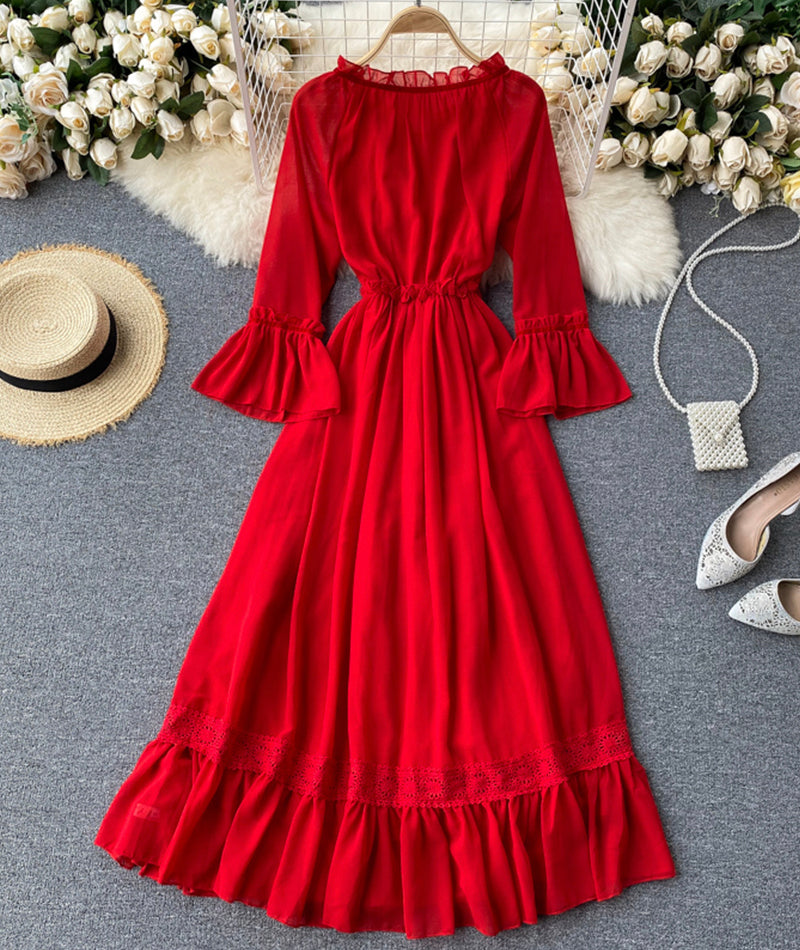 Red chiffon lace dress red A line dress  993