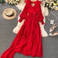 Red A line v neck open back dress long sleeve dress  942