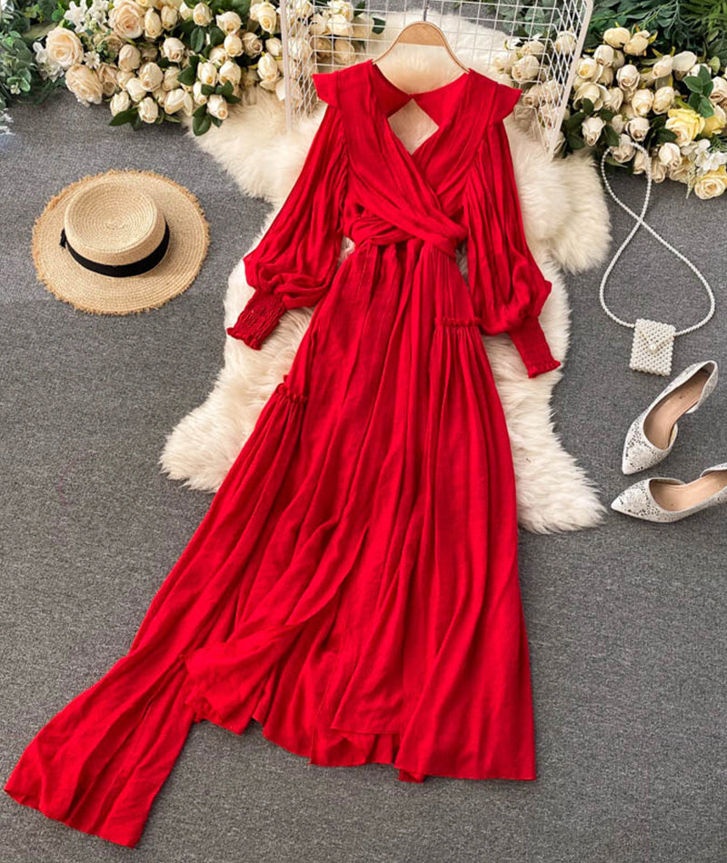 Red A line v neck open back dress long sleeve dress  942