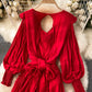 Red A line v neck open back dress long sleeve dress  942