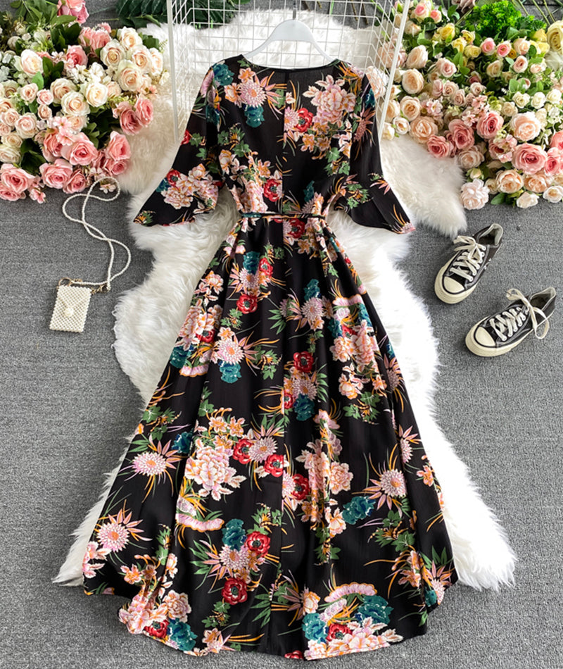 Black A line v neck floral dress  930