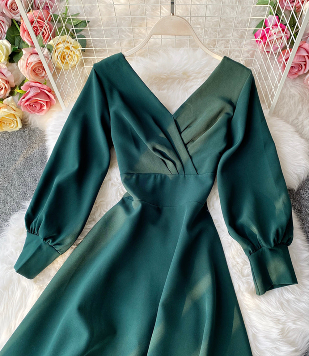 Simple A line v neck dress long sleeve dress  916