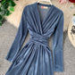 Elegant v neck velvet dress long sleeve dress  914