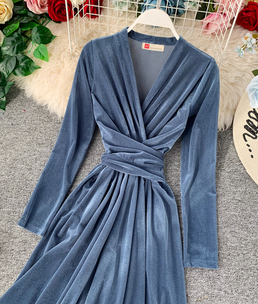 Elegant v neck velvet dress long sleeve dress  914