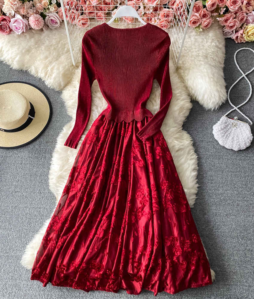 Stylish A line patchwork dress long sleeve dress  898