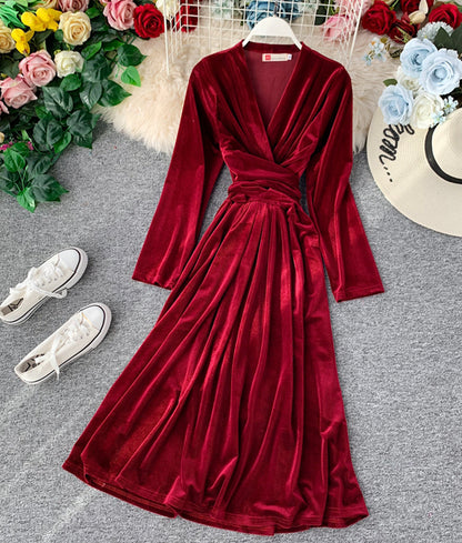 Elegant v neck velvet dress long sleeve dress  914
