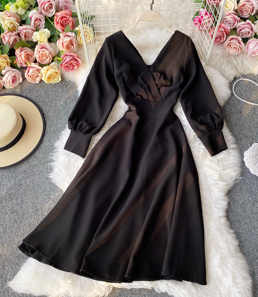 Simple A line v neck dress long sleeve dress  916