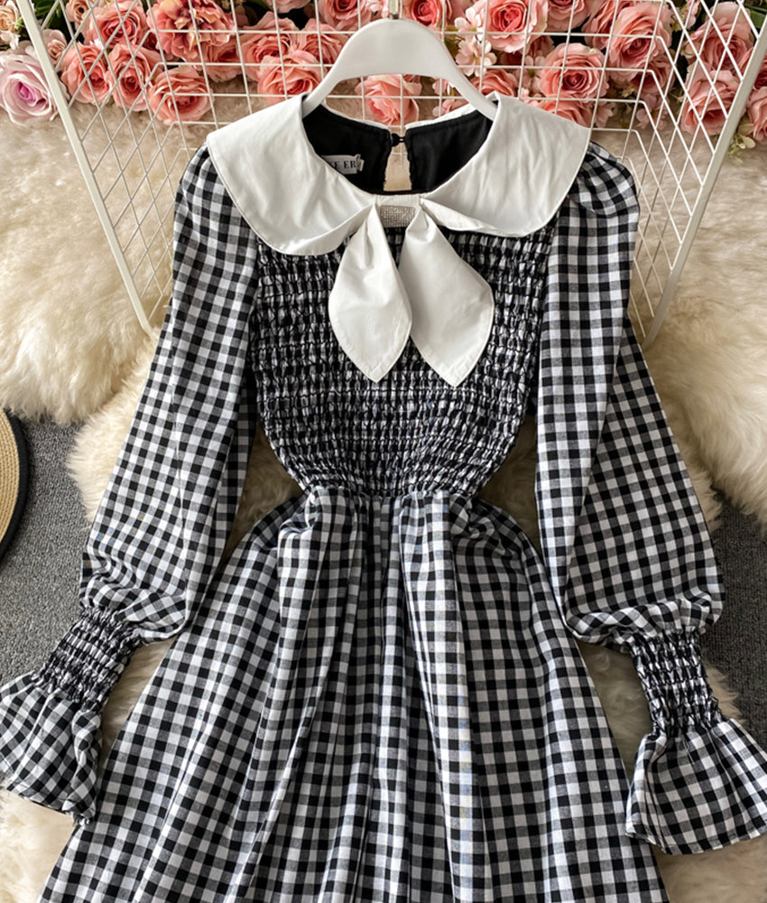 Cute A line short dress black and white plaid dress  877