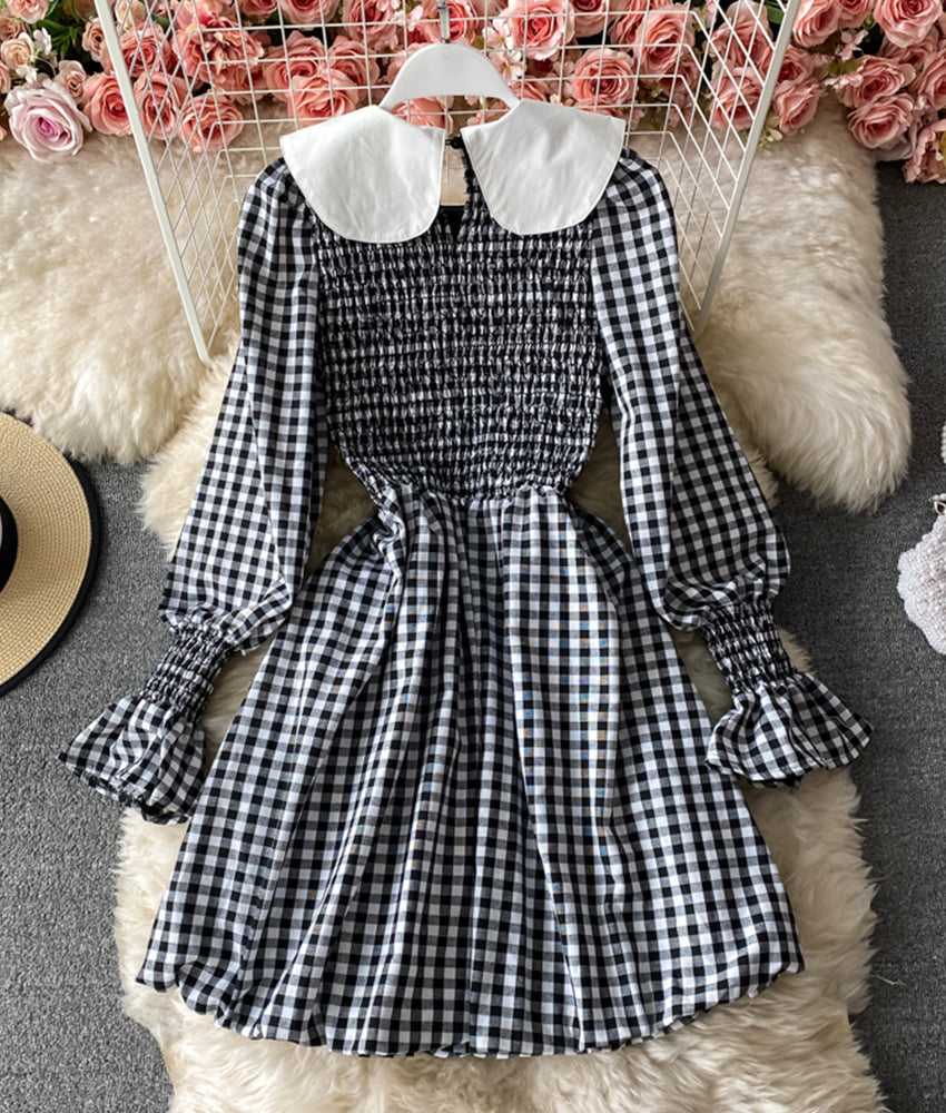 Cute A line short dress black and white plaid dress  877