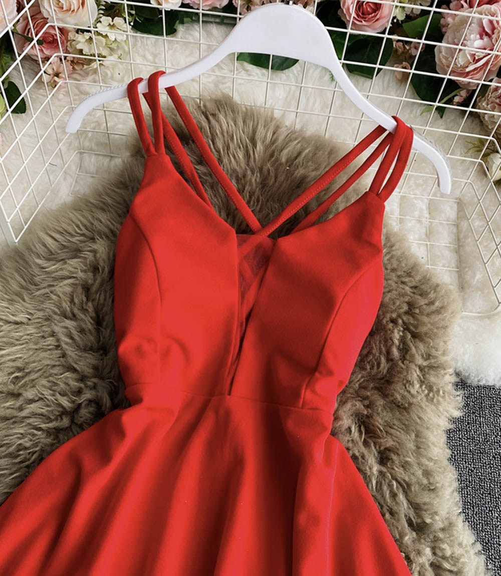 Simple A line v neck short dress  864