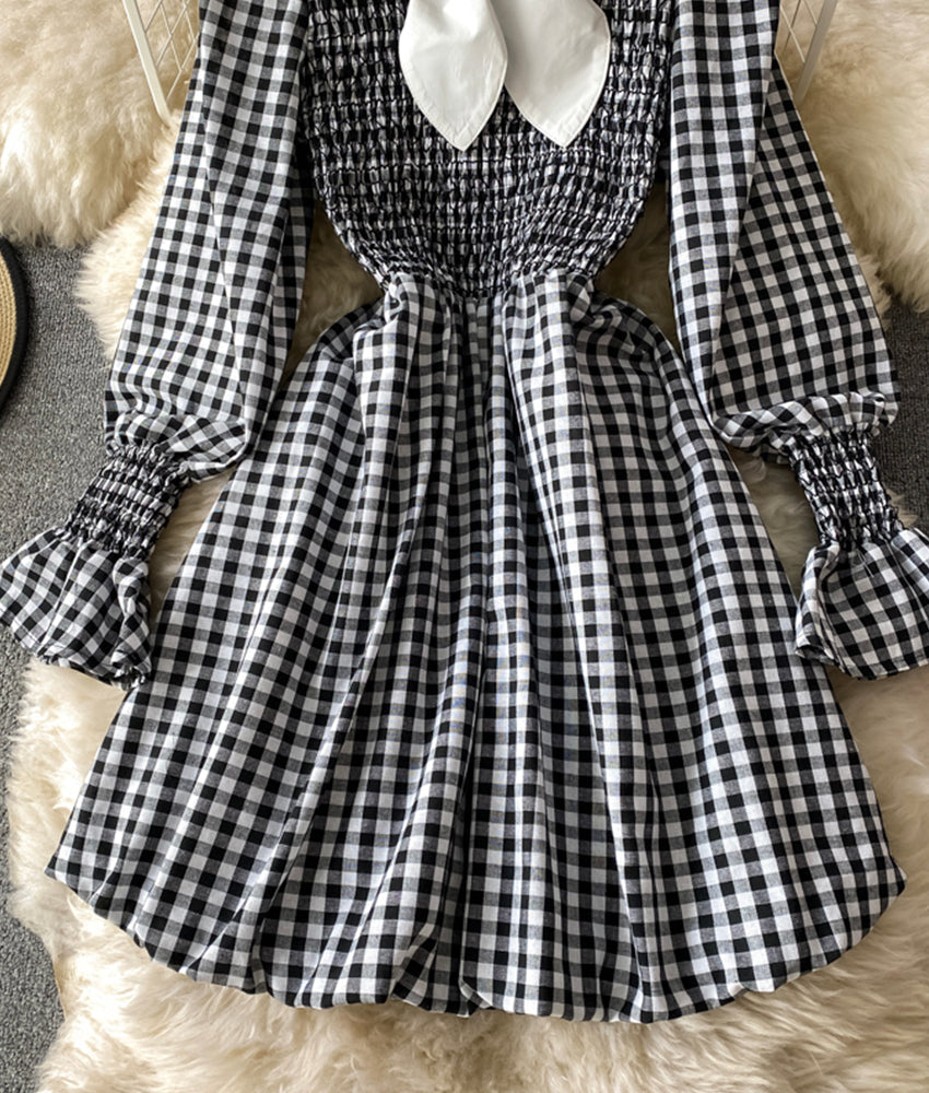 Cute A line short dress black and white plaid dress  877