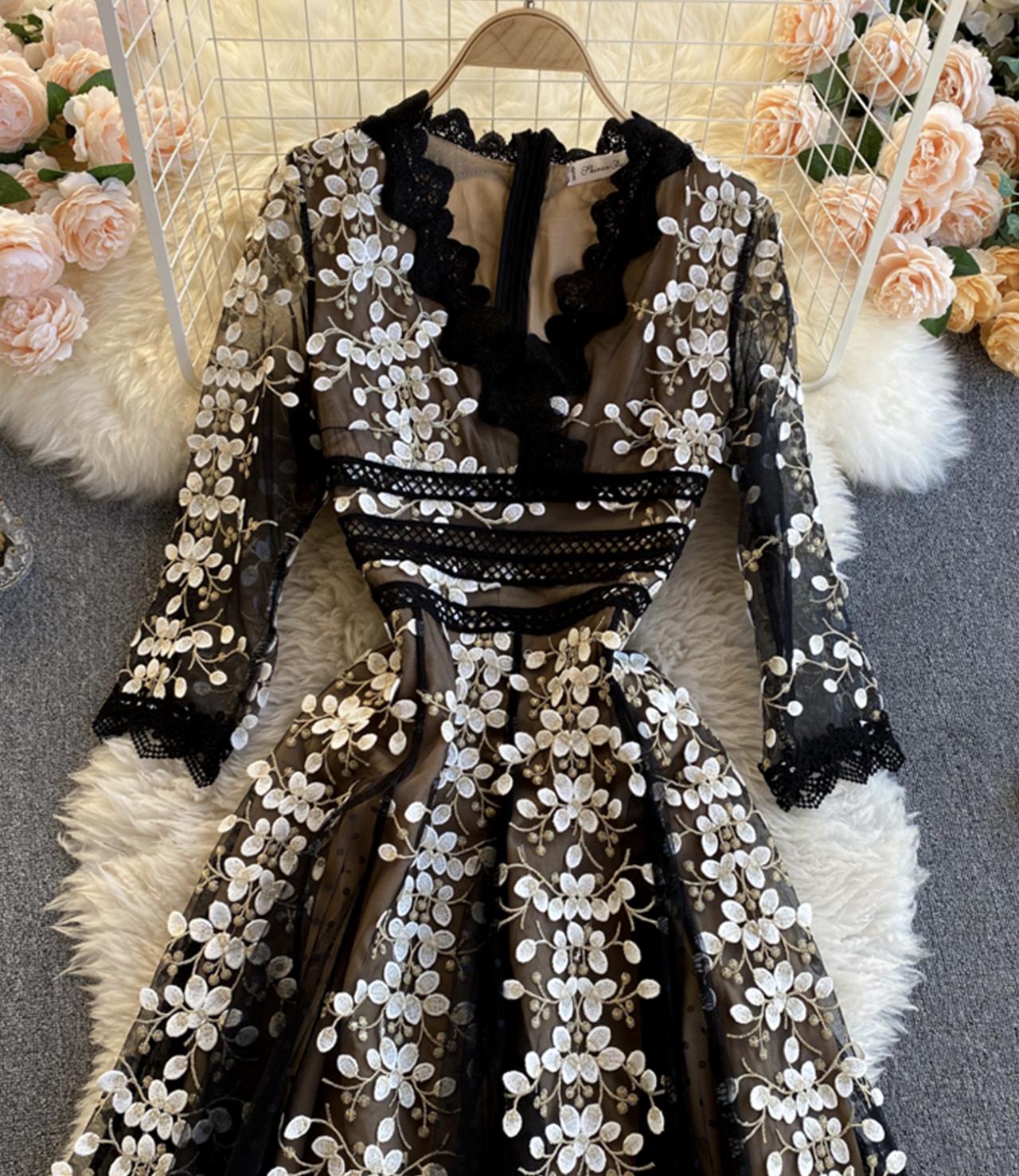 Black v neck lace dress A line party dress  827