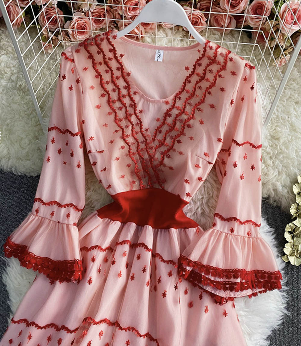 Pink A line lace short dress fashion dress  842
