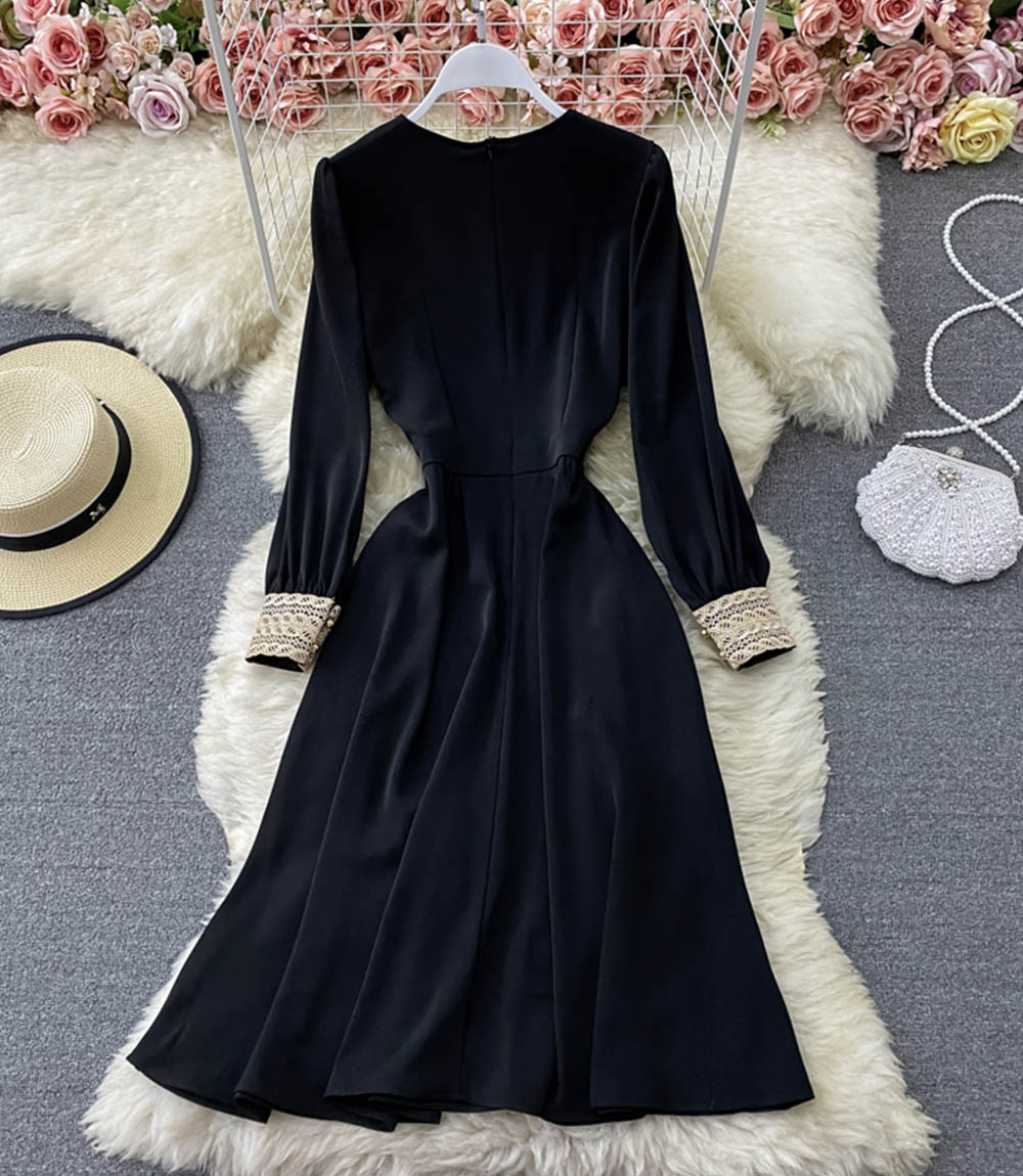 Elegant v neck lace long sleeve dress black dress  854