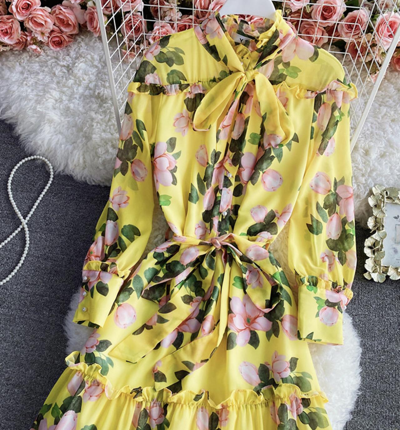 Yellow A line floral dress  814