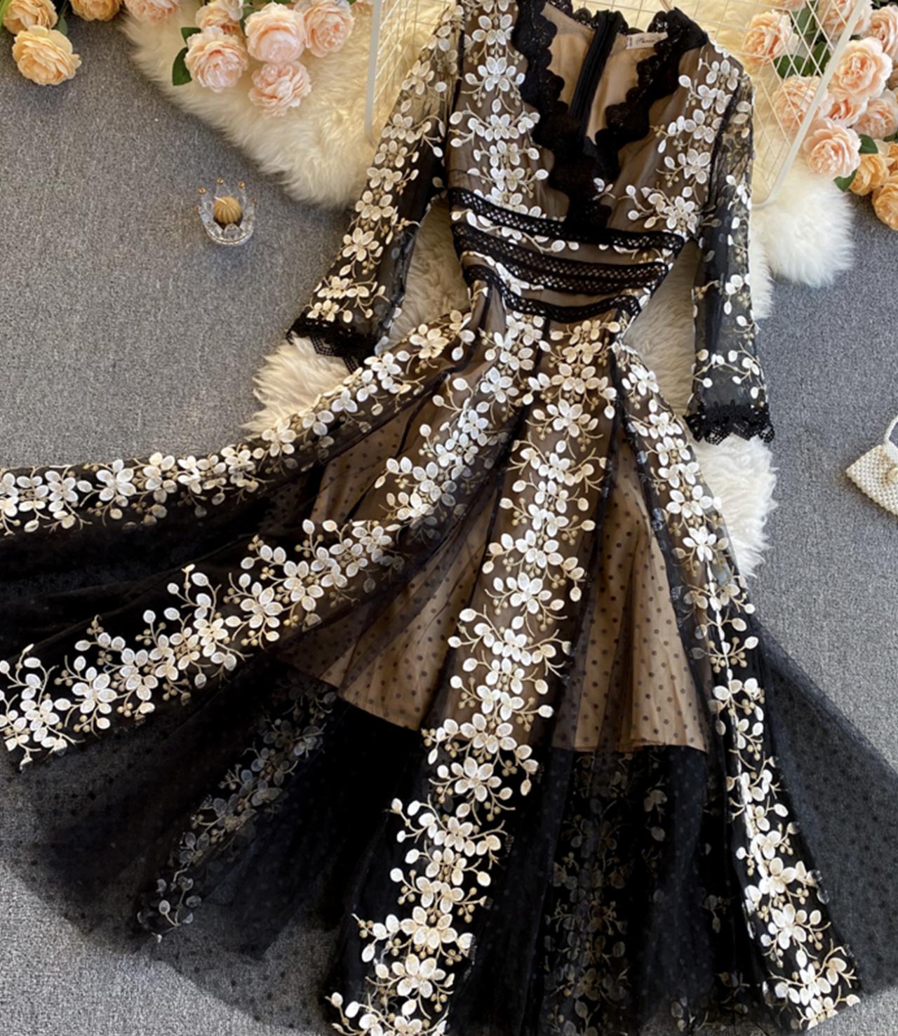 Black v neck lace dress A line party dress  827