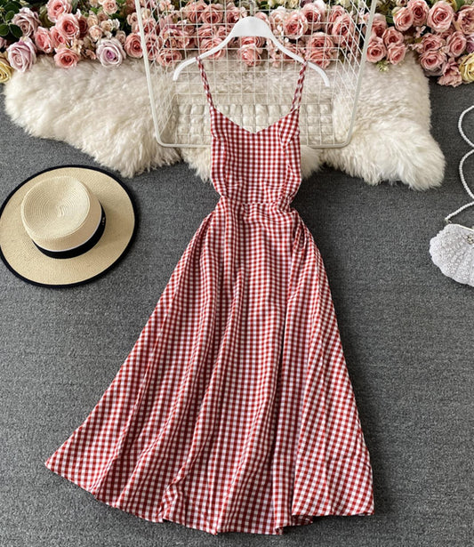 Red plaid dress A line backless dress  752