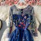 Blue A line tulle dress blue embroidery dress  852