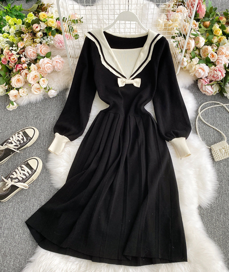 Black navy style knitted dress long sleeve dress  1010