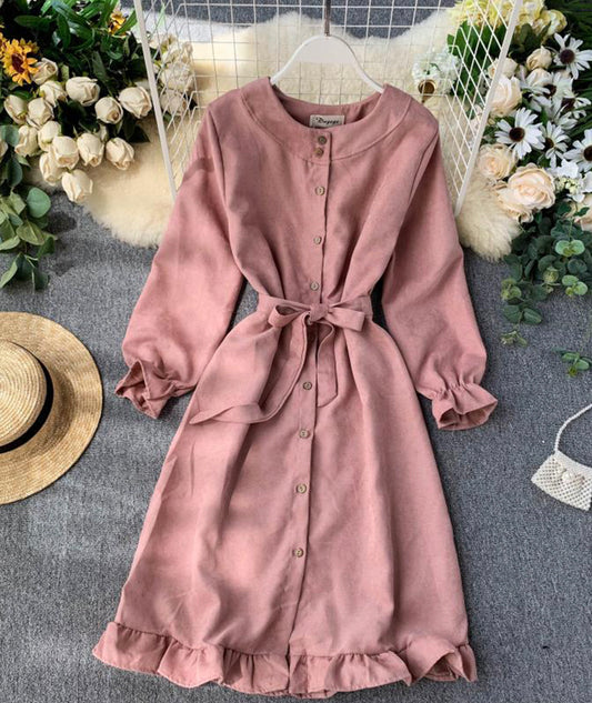 Long sleeve ruffle hem button down dress  1041