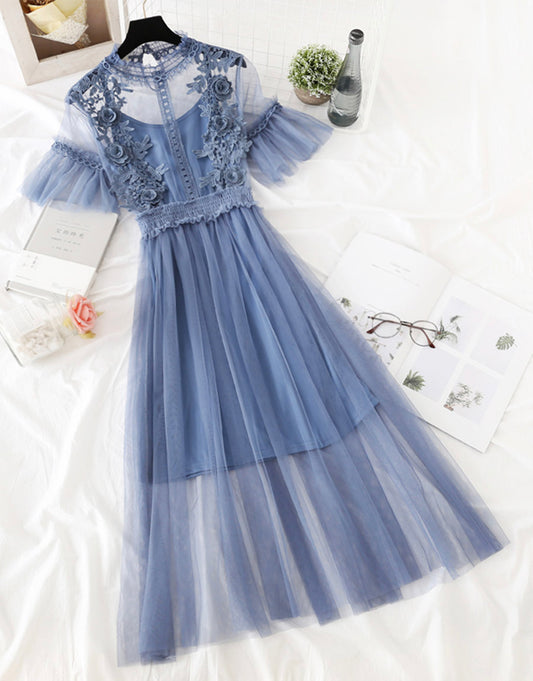 Cute A line tulle lace applique dress summer dress  1147
