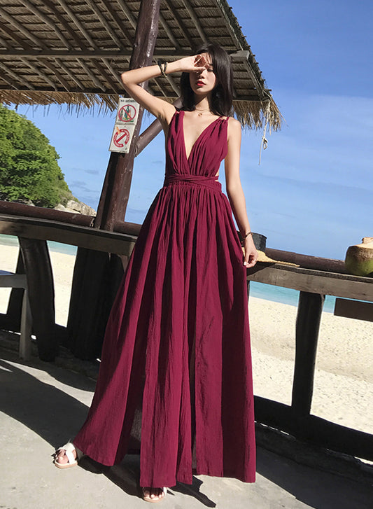 Burgundy v neck long dress summer dress  1217