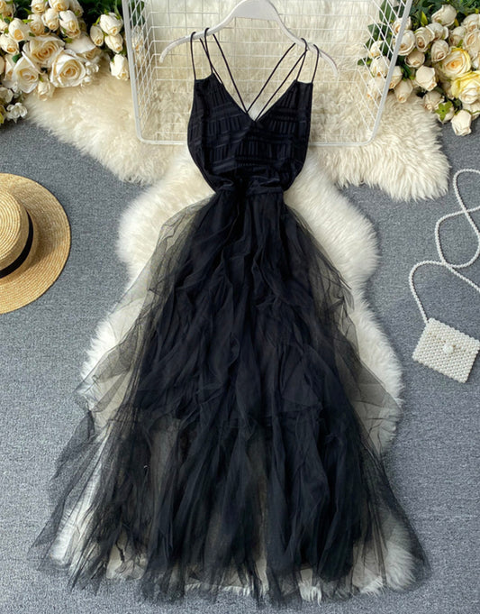 Black v neck tulle dress fashion dress  1121