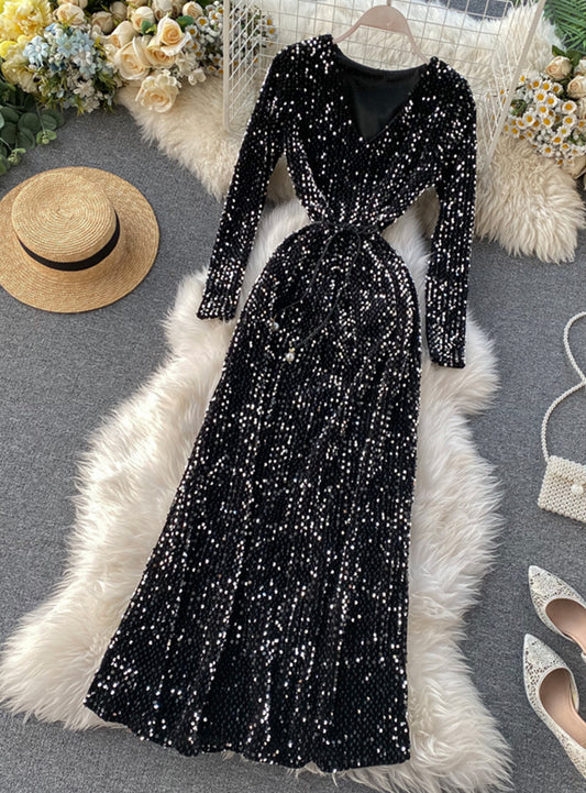 Shiny sequined long sleeve dress women's dress  1174