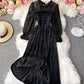 Elegant black velvet lace dress long sleeve dress  986