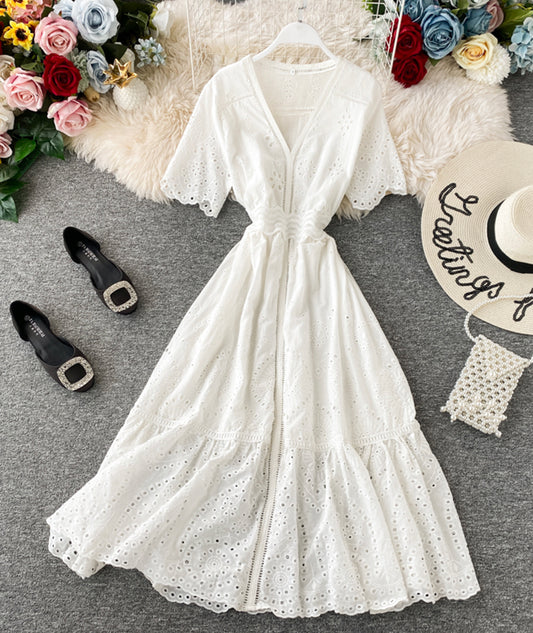 White v neck short sleeve dress fashion dress  1074