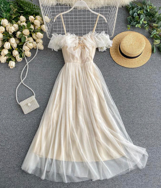 Cute champagne tulle dress summer dress  1244