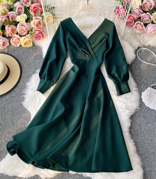 Simple A line v neck dress long sleeve dress  916