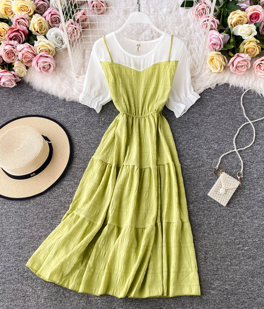 Cute A line round neck stitching dress summer dress  1230