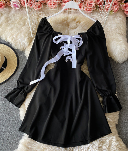 Black lace up long sleeve dress fashion dress  897