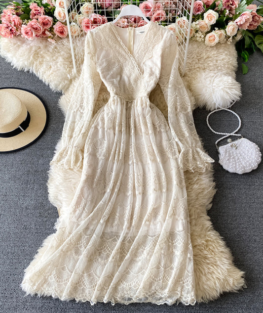 Elegant v neck lace long sleeve dress  966