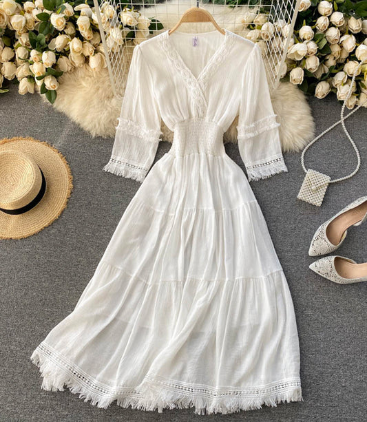 White A line lace dress v neck dress  871