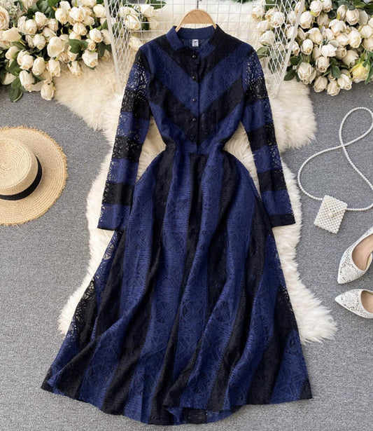 Blue lace long sleeve dress A line dress  1301