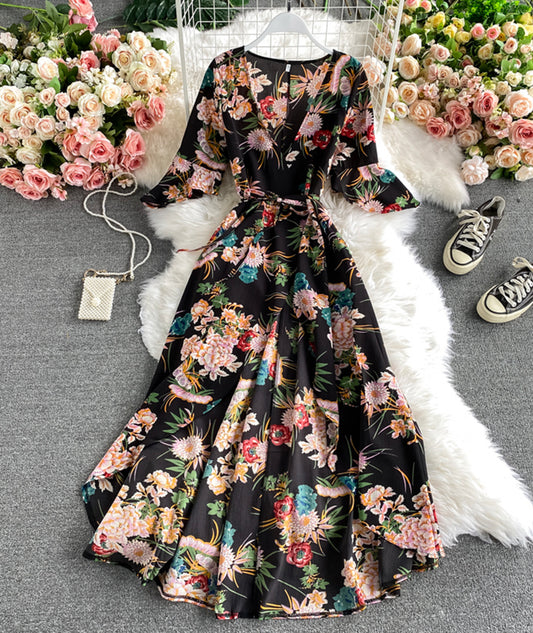 Black A line v neck floral dress  930