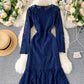 Blue round neck lace short dress long sleeve dress  955
