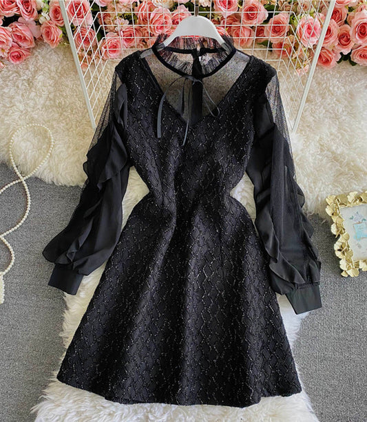 Black A line see through dress short dress  856