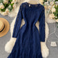 Blue round neck lace short dress long sleeve dress  955