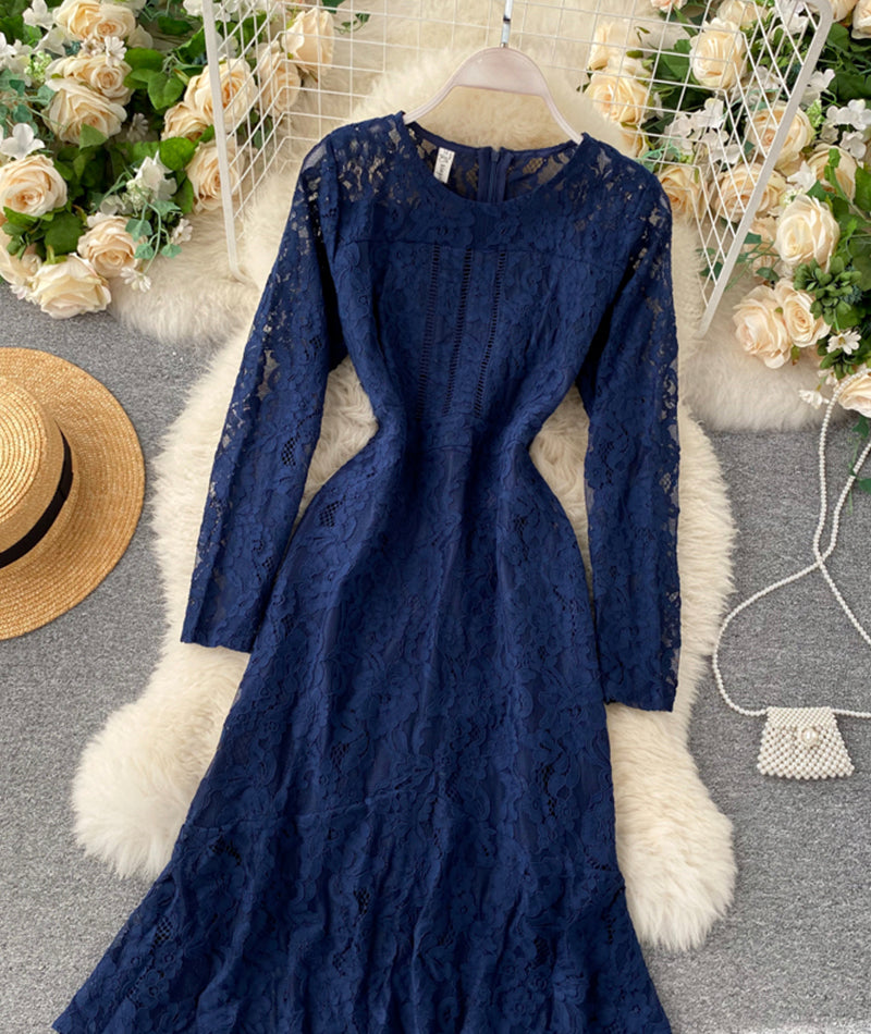 Blue round neck lace short dress long sleeve dress  955