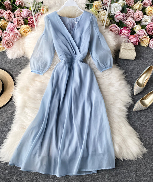 Simple A line v neck tulle dress women's dress  1059