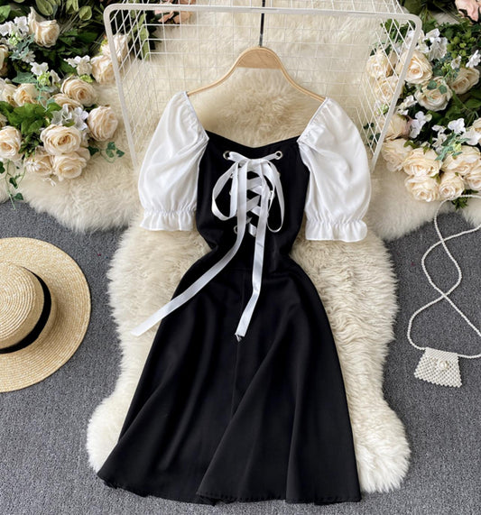 Black lace up short dress A line fashion dress  741