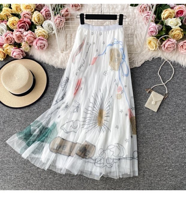 High waist, A-line big swing printed gauze skirt, pleated skirt, mid length skirt gauze skirt  3522