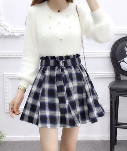 Cute A line pleated skirt plaid skirt  3480