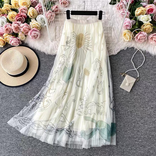 High waist, A-line big swing printed gauze skirt, pleated skirt, mid length skirt gauze skirt  3522