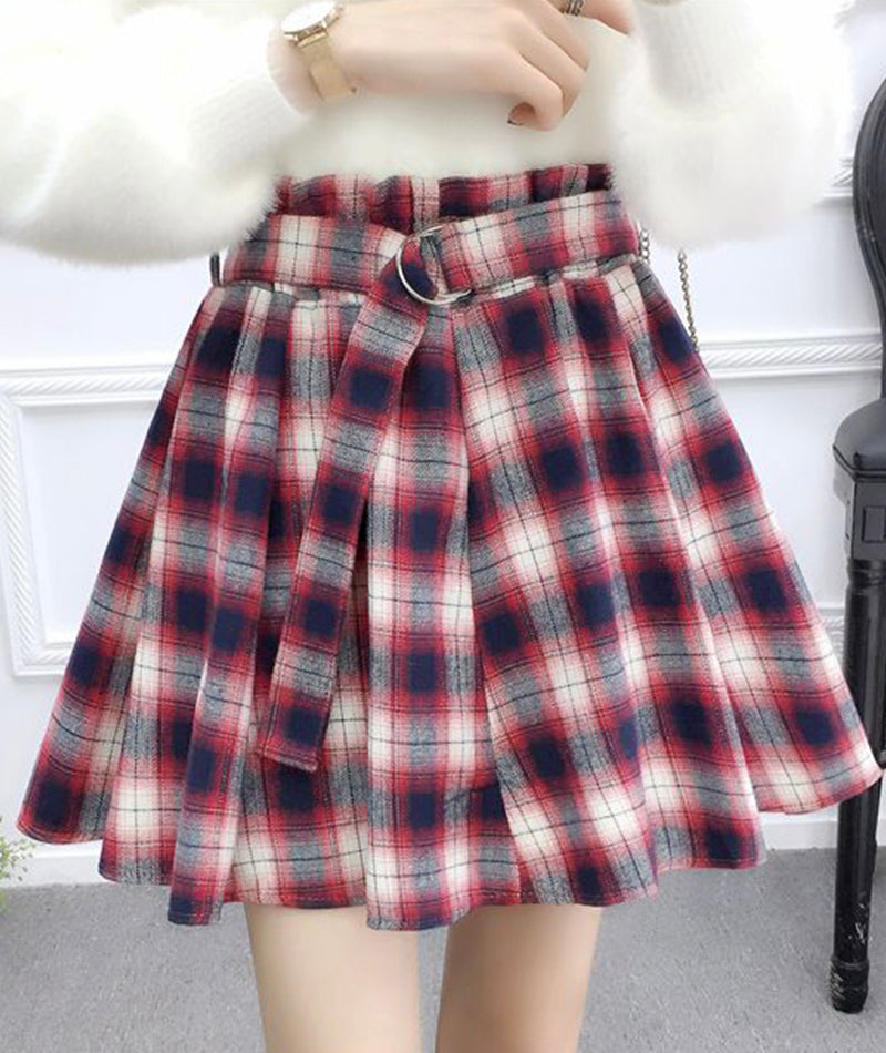 Cute A line pleated skirt plaid skirt  3480