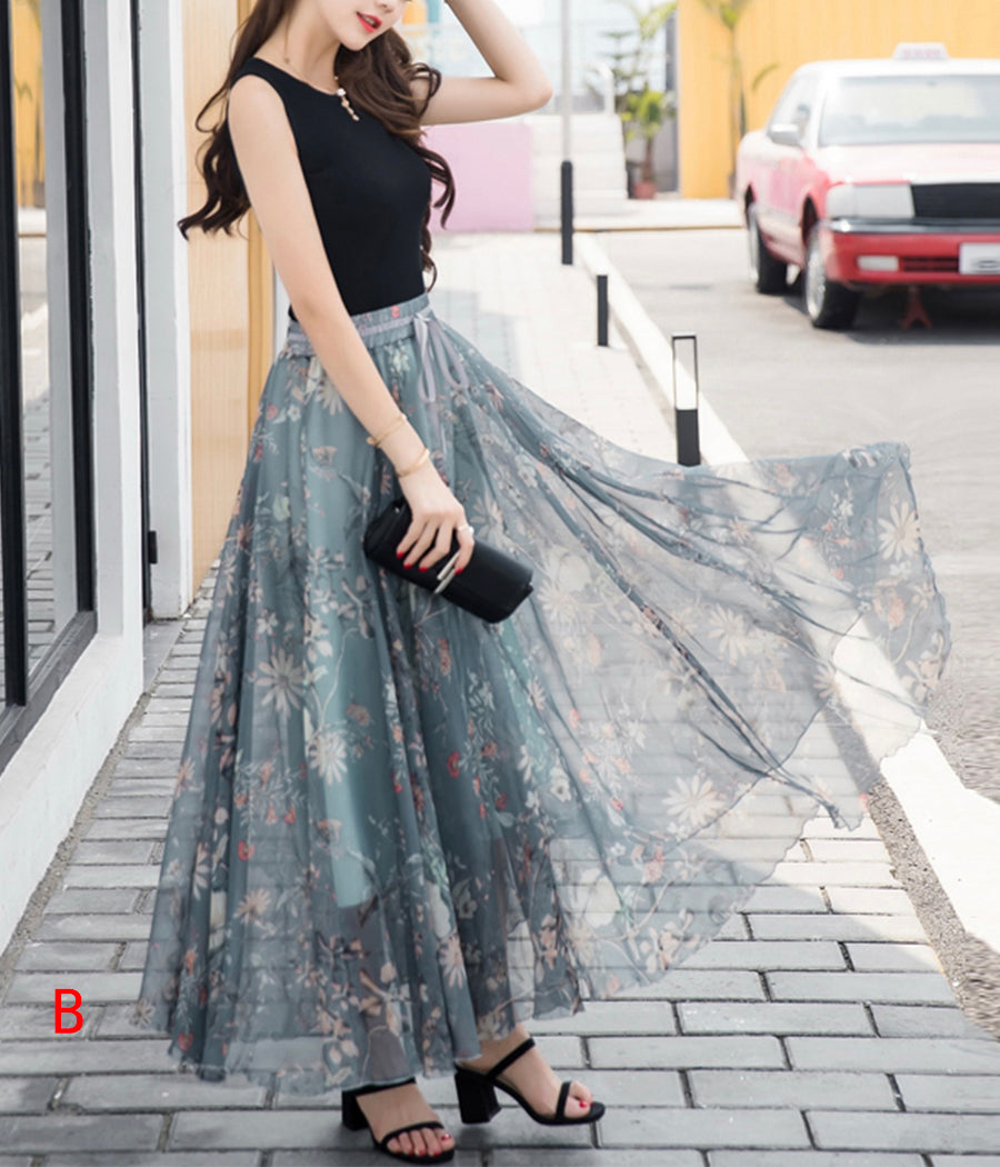 Stylish A line floral pattern chiffon skirt women's skirt  3508